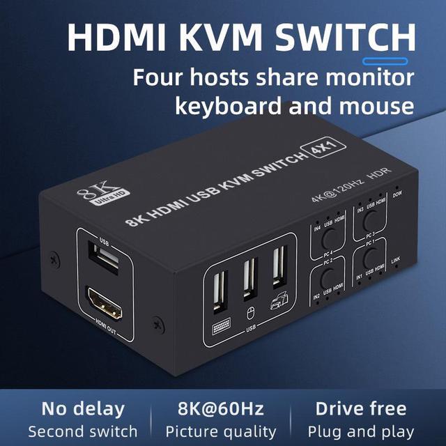 8K 60HZ / 4K 120HZ USB HDMI KVM Switch 4 In 1 Out USB HDMI KVM Switcher For Mouse Keyboard Sharing For PC Laptop Win7 Win10 MAC