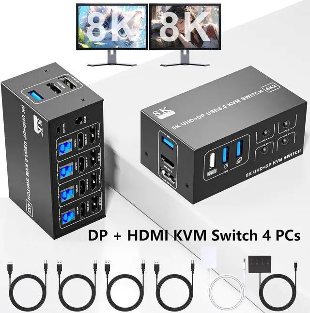 8K 60Hz Displayport + HDMI 2 Monitors 4 Computers USB 3.0 KVM Switch 5Gbps DP1.4 + HDMI 2.1 Dual Monitor KVM Switch 4 Port with 4 USB Ports 4 Port HDMI+DP Monitor Switch for 4 PCs 2 Monitors