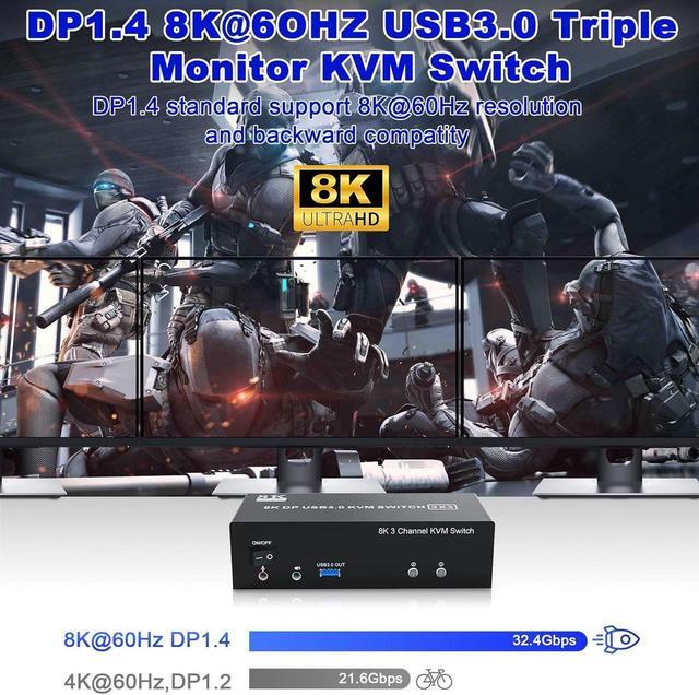 8K 60Hz Displayport KVM Switch 3 Monitors 2 Computers 4K 144Hz DP USB 3.0 KVM Switch Triple Monitor For 2 PCs Share 3 Monitors RJ45 Ethernet Splitter 1 To 2 Audio Mic Port And 3 USB 3.0 Port