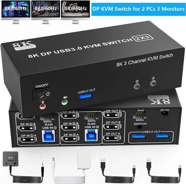 8K 60Hz Displayport KVM Switch 3 Monitors 2 Computers 4K 144Hz DP USB 3.0 KVM Switch Triple Monitor for 2 PCs Share 3 Monitors RJ45 Ethernet Splitter 1 to 2 Audio Mic Port and 3 USB 3.0 Port