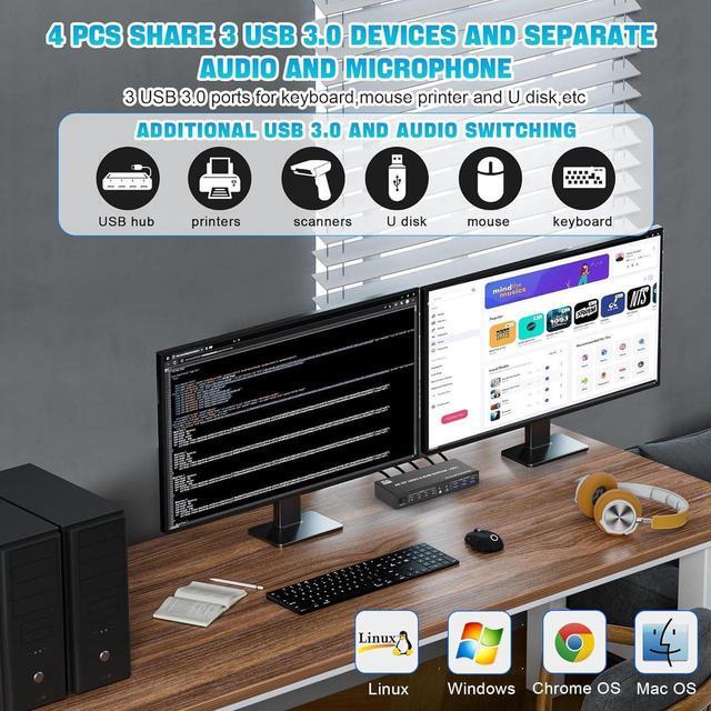 8K 60Hz Displayport USB 3.0 KVM Switch 2 Monitors For 4 Computers DP1.4 KVM Switch 4 Port With Audio Microphone Output And 3 USB 3.0 Ports 8K DP Monitor KVM Switch For 4 PCs 2 Monitors