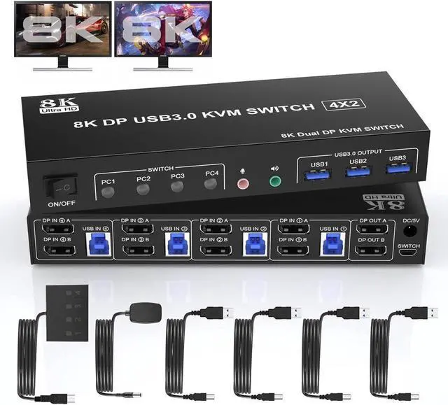 8K 60Hz Displayport USB 3.0 KVM Switch 2 Monitors for 4 Computers DP1.4 KVM Switch 4 Port with Audio Microphone Output and 3 USB 3.0 Ports 8K DP Monitor KVM Switch for 4 PCs 2 Monitors