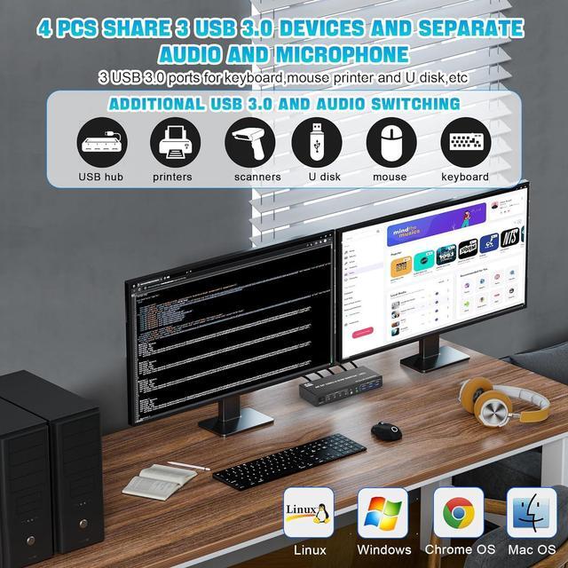 8K 60Hz Displayport USB 3.0 KVM Switch 2 Monitors For 4 Computers DP1.4 KVM Switch 4 Port With Audio Microphone Output And 3 USB 3.0 Ports 8K DP Monitor KVM Switch For 4 PCs 2 Monitors