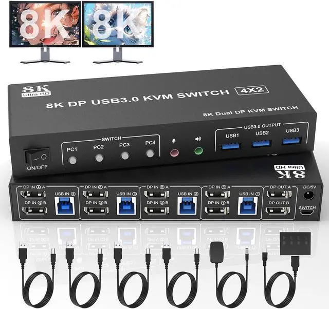 8K 60Hz Displayport USB 3.0 KVM Switch 2 Monitors 4 Computers DP1.4 KVM Switch Dual Monitor with Audio Microphone Output and 3 USB 3.0 Ports 4 Port KVM Switch Displayport for 4 PCs 2 Monitors