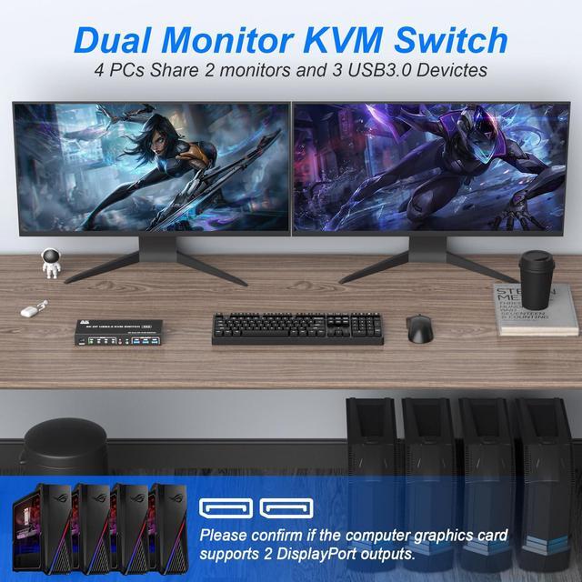 8K 60Hz Displayport USB 3.0 KVM Switch 2 Monitors For 4 Computers 8K 60Hz 4K 144Hz DP1.4 Dual Monitor Displayport KVM Switch 4 Port With Audio Microphone Output And 3 USB 3.0 Ports DP Monitor Switch