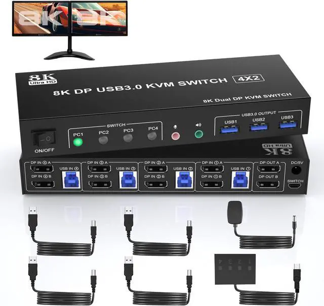 8K 60Hz Displayport USB 3.0 KVM Switch 2 Monitors for 4 Computers 8K 60Hz 4K 144Hz DP1.4 Dual Monitor Displayport KVM Switch 4 Port with Audio Microphone Output and 3 USB 3.0 Ports DP Monitor Switch