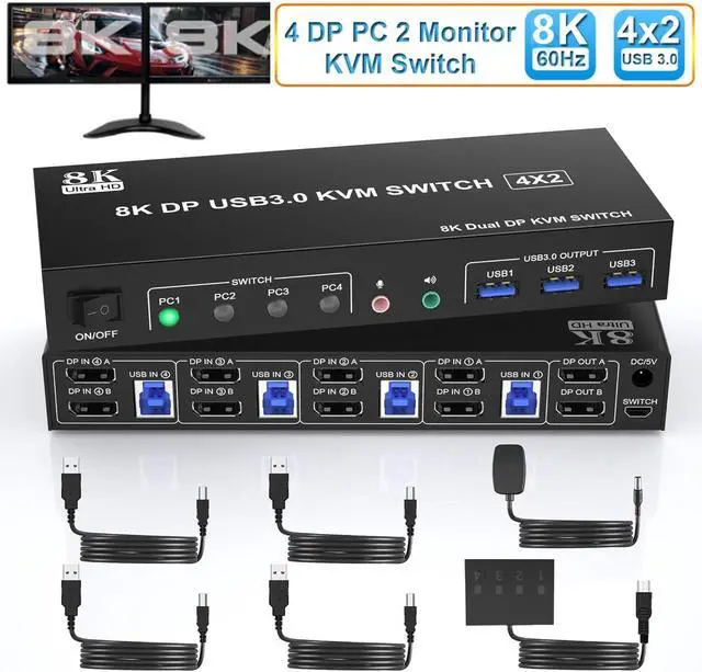 8K 60Hz Displayport USB 3.0 KVM Switch for 2 Monitors 4 Computers 8K 60Hz 4K 144Hz DP1.4 Dual Monitor Displayport KVM Switch 4 Port with Audio Output and 3 USB 3.0 8K DP Monitor KVM Switch for 4 PCs
