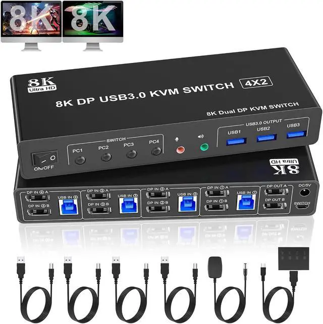8K 60Hz Displayport USB 3.0 KVM Switch for 4 Computer 2 Monitors Dual Monitor DP1.4 KVM Switch 4 Port with Audio Microphone Output and 3 USB 3.0 Ports 8K DP Monitor Switch for 4PC 2 Monitor