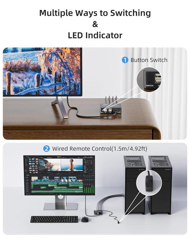 8K 60Hz HDMI 2.1 USB KVM Switch 1 Monitors 2 Computers 4K 120Hz USB Switcher HDMI KVM Switch 2 In 1 Out With Remote And 4 USB 2.0 Port 2 USB Cables And 1 Desktop Controller For Work Or Entertainment