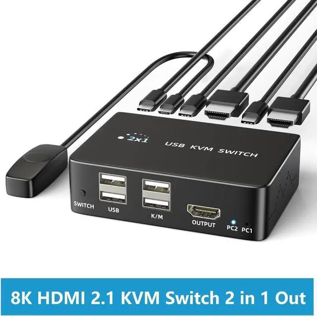 8K 60Hz HDMI 2.1 USB KVM Switch 1 Monitors 2 Computers 4K 120Hz USB switcher HDMI KVM Switch 2 in 1 Out with Remote and 4 USB 2.0 Port 2 USB Cables and 1 Desktop Controller for Work or Entertainment