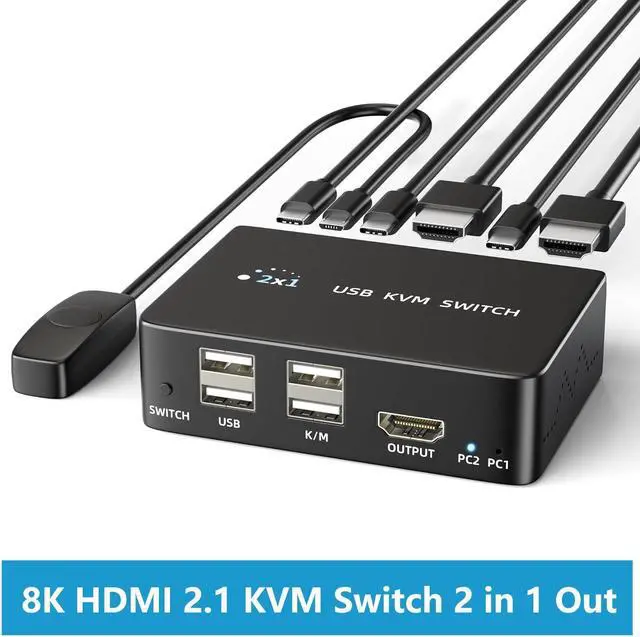 8K 60Hz HDMI 2.1 USB KVM Switch 1 Monitors 2 Computers 4K 120Hz USB switcher HDMI KVM Switch 2 in 1 Out with Remote and 4 USB 2.0 Port 2 USB Cables and 1 Desktop Controller for Work or Entertainment