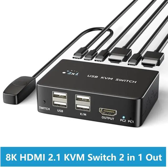 8K 60Hz HDMI 2.1 USB KVM Switch 1 Monitors 2 Computers 4K 120Hz USB switcher HDMI KVM Switch 2 in 1 Out with Remote and 4 USB 2.0 Port 2 USB Cables and 1 Desktop Controller for Work or Entertainment