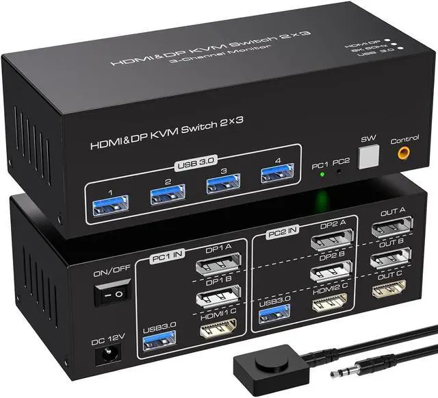 8K 60Hz HDMI+2 Displayport KVM Switch 3 Monitors 2 Computers 4K 120Hz USB 3.0 DP KVM Swtiches Triple Monitor 2 Port for 2 PC Share 1 Set of Keyboard Mouse Printer Hard Disk Etc Support Extended Mode