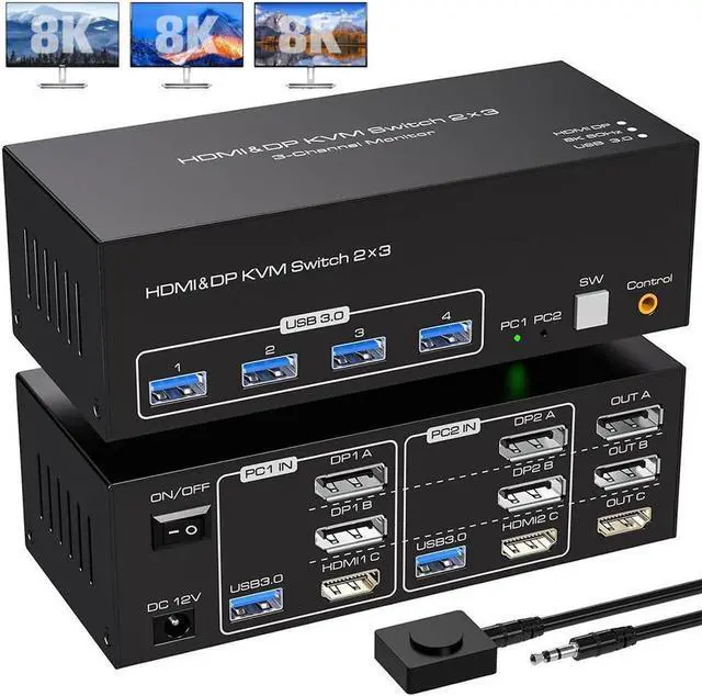 8K 60Hz HDMI+2 Displayport KVM Switch 3 Monitors 2 Computers 4K 120Hz USB 3.0 2 DP + HDMI KVM Swtiches Triple Monitor for 2 PC Share 1 Set of Keyboard Mouse Printer Hard Disk Etc Support Extended Mode