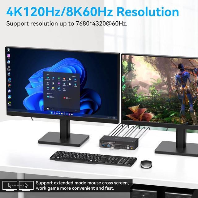 8K 60Hz HDMI+Displayport KVM Switch 2 Monitors 2 Computers USB 3.0 KVM Swticher Dual Monitor 2 Port For 2 PC Share Multi Monitor And 4 USB Devices Wired Controller DC Adapter 2 USB Cables Included