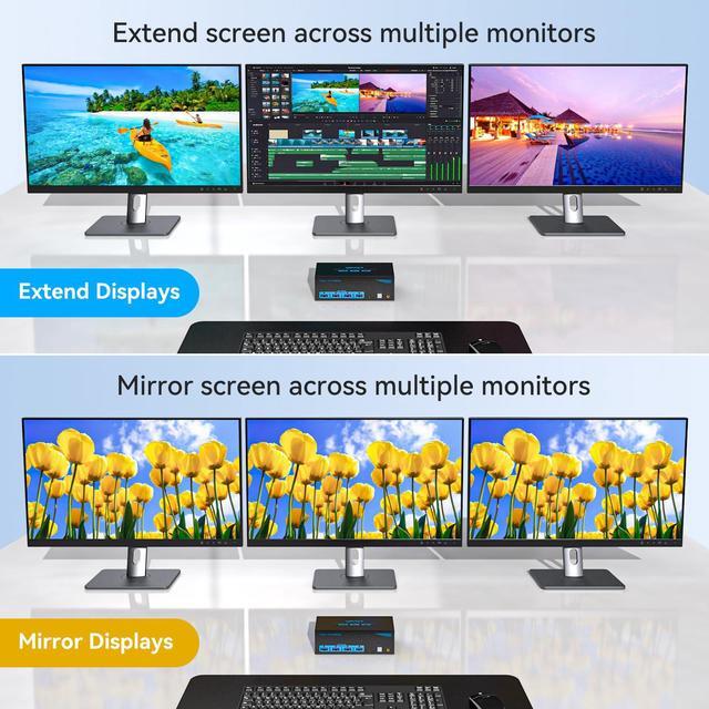 8K 60Hz HDMI Displayport KVM Switch 3 Monitors 2 Computers 4K 120Hz Triple Monitor KVM Switches For 2 PC Share 4 USB 3.0 Ports Support Extended & Copy Mode Desktop Controller 12V Adapter Included