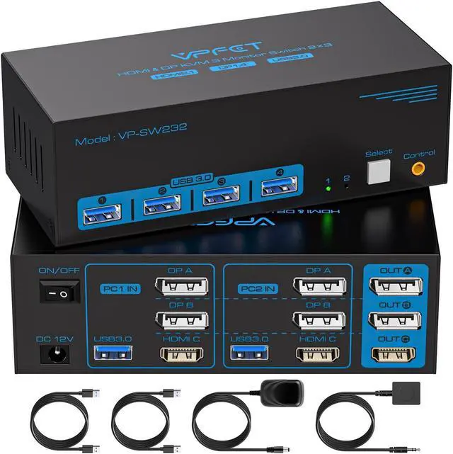 8K 60Hz HDMI Displayport KVM Switch 3 Monitors 2 Computers 4K 120Hz Triple Monitor KVM Switches for 2 PC Share 4 USB 3.0 Ports Support Extended & Copy Mode Desktop Controller 12V Adapter Included