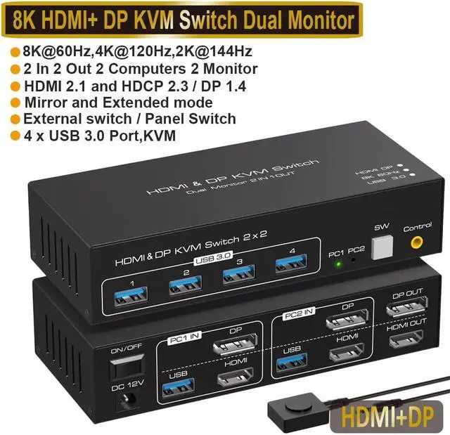 8K 60Hz HDMI DP Dual Monitor kvm Switch 2 Monitors 2 Computers 4K 120Hz USB 3.0 Extended Display KVM switcher with 4 USB Ports Wired Controller 12V DC Adapter 2 USB Cables Included