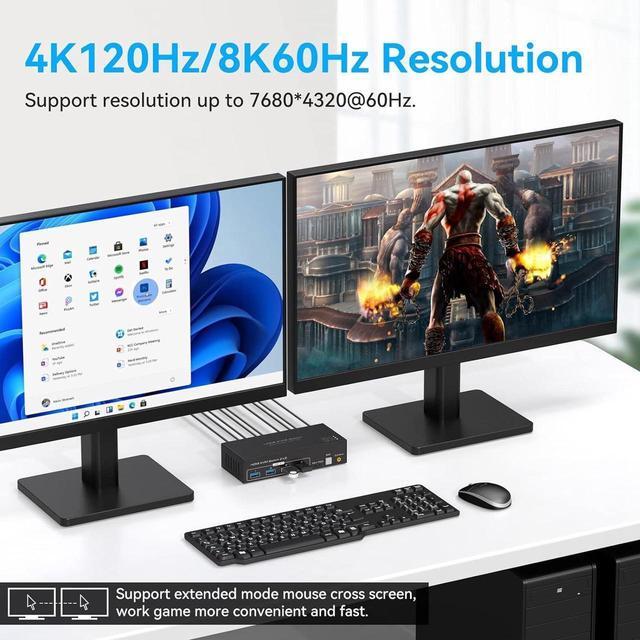 8K 60Hz HDMI Dual Monitor KVM Switch 2 Monitors 2 Computers 4K 120Hz USB 3.0 Extended Display KVM Switcher With 4 USB 3.0 Ports HDMI KVM Switch Wired Controller 12V DC Adapter 2 USB Cables Included