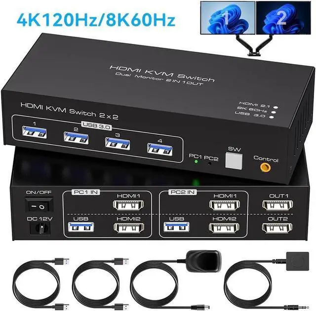 8K 60Hz HDMI Dual Monitor KVM Switch 2 Monitors 2 Computers 4K 120Hz USB 3.0 Extended Display KVM switcher with 4 USB 3.0 Ports HDMI KVM Switch Wired Controller 12V DC Adapter 2 USB Cables Included