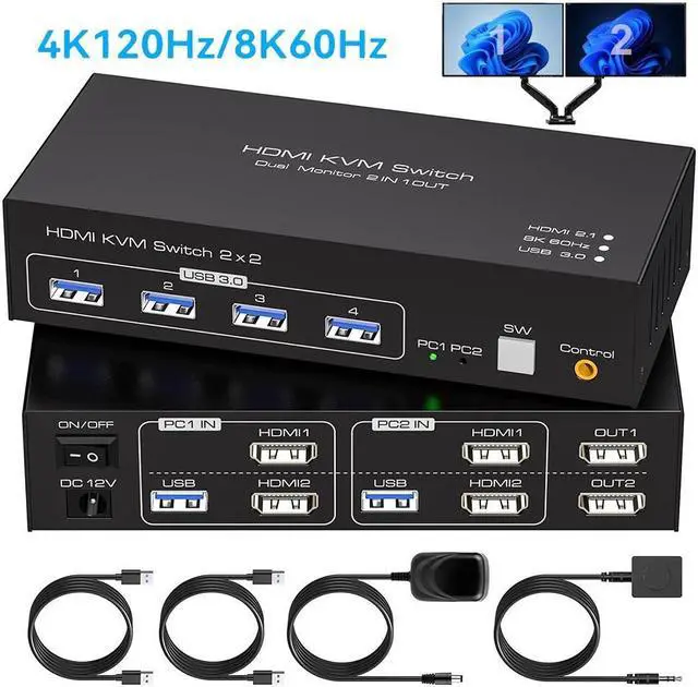 8K 60Hz HDMI Dual Monitor KVM Switch 2 Monitors 2 Computers 4K 120Hz USB 3.0 Extended Display KVM switcher with 4 USB 3.0 Ports HDMI KVM Switch Wired Controller 12V DC Adapter 2 USB Cables Included