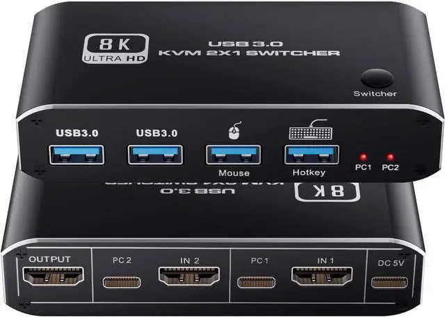 8K 60Hz HDMI2.1 KVM Switch 2 in 1 Out 2 Port HDMI 2.1 USB KVM Switch for 2PC Shares 1 Set Mouse Keyboard and Monitor Support 8K 60Hz 4K 120Hz Hotkey 4x USB 3.0 Port HDMI2.1 in/Out Port