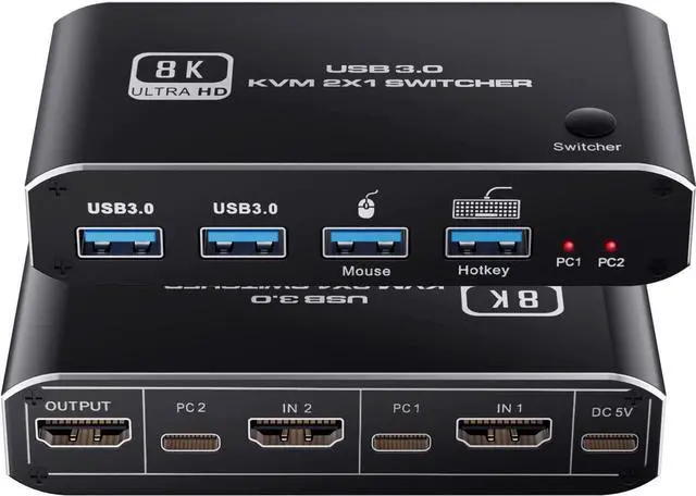 8K 60Hz HDMI2.1 KVM Switch 2 in 1 Out 2 Port HDMI 2.1 USB KVM Switch for 2PC Shares 1 Set Mouse Keyboard and Monitor Support 8K 60Hz 4K 120Hz Hotkey 4x USB 3.0 Port HDMI2.1 in/Out Port
