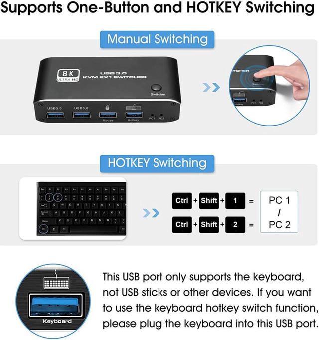 8K 60Hz HDMI2.1 KVM Switch For 2 Computers 1 Monitor Share Keyboard Mouse Printer And 2usb3.0 Support Wire-Desktop Controller