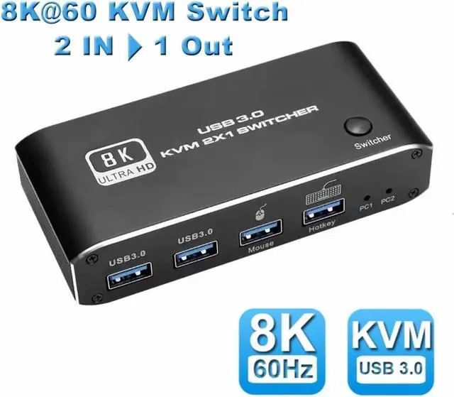 8K 60Hz HDMI2.1 KVM Switch for 2 Computers 1 Monitor Share Keyboard Mouse Printer and 2usb3.0 Support Wire-Desktop Controller