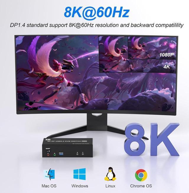 8K 60Hz KVM Switch 3 Monitors 2 Computers 4K 144Hz DP 1.4 8K Displayport Triple Monitor KVM Switch For 2 Computer Share 3 Monitor Audio Mic Port And 3 USB3.0 Devices Wired Remote 5V Adapter