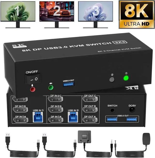 8K 60Hz KVM Switch 3 Monitors 2 Computers 4K 144Hz DP 1.4 8K Displayport Triple Monitor KVM Switch for 2 Computer Share 3 Monitor Audio Mic Port and 3 USB3.0 Devices Wired Remote 5V Adapter