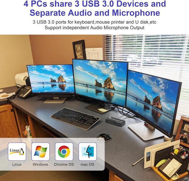 8K 60Hz KVM Switch 3 Monitors 4 Computers 4K 144Hz 2 DisplayPort +1 HDMI KVM Switch Triple Monitor For 4 Computer With Audio And 3 USB 3.0 Ports 3 Monitor KVM Switches Keyboard Mouse Switcher