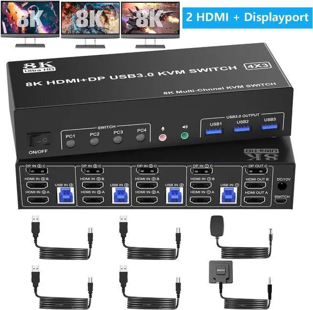 8K 60Hz KVM Switch 3 Monitors 4 Computers 4K 144Hz 2 HDMI + 1 DisplayPort KVM Switch Triple Monitor for 4 Computer with Audio and 3 USB 3.0 Ports 3 Monitor KVM Switch Keyboard Mouse Switcher