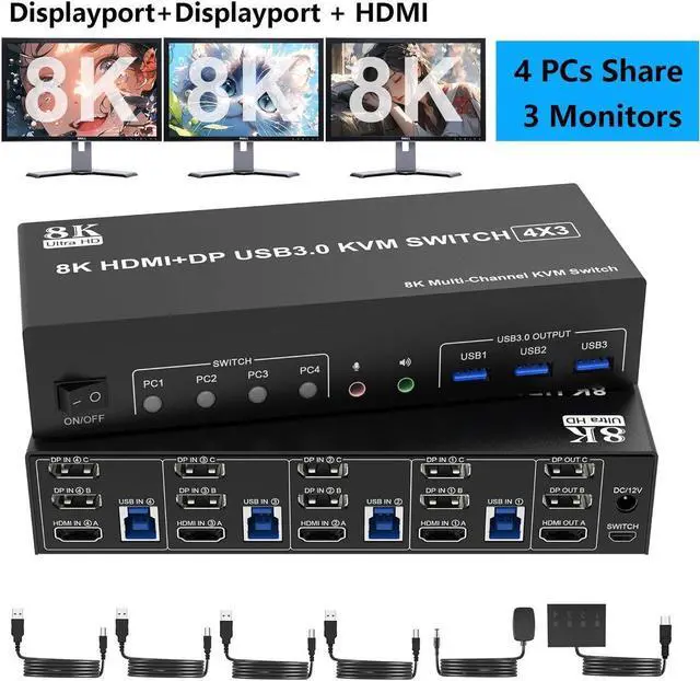 8K 60Hz KVM Switch 3 Monitors 4 Computers 4K 144Hz 2 DisplayPort +1 HDMI KVM Switch Triple Monitor for 4 Computer with Audio and 3 USB 3.0 Ports 3 Monitor KVM Switches Keyboard Mouse Switcher