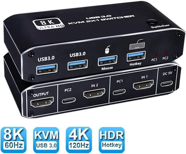 8K 60Hz KVM Switch HDMI + USB-C 8K 60Hz 2 in 1 Out KVM Switch 1 Monitors 2 Computers with Keyboard Mouse Output and 2 USB3.0 Ports PC Monitor Keyboard Mouse Switcher