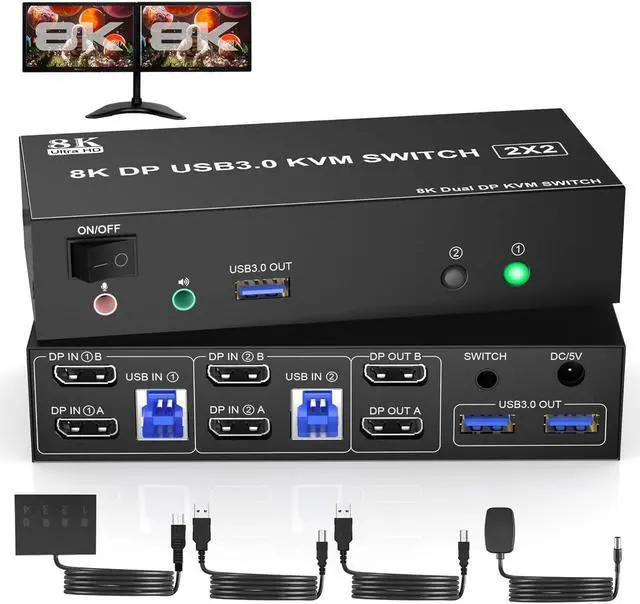 8K 60Hz USB 3.0 Displayport KVM Switch 2 Monitors 2 Computers DP 1.4 Dual Monitor KVM Switch with Audio Microphone Output and 3 USB 3.0 Ports Wired Remote and 2 USB Cables Included