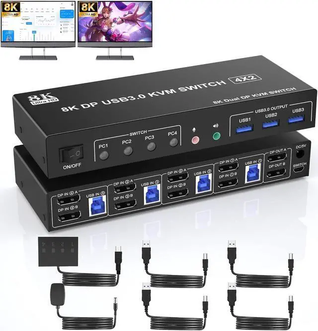8K 60Hz USB 3.0 Displayport KVM Switch 2 Monitors 4 Computers Dual Monitor KVM Switch 4 in 2 Out with Audio Output and 3 USB 3.0 Ports 4 Port Dual Monitor Displayport KVM Switch for 4 Computers