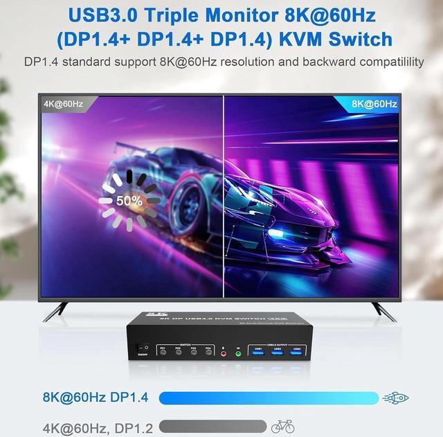 8K 60Hz USB 3.0 Displayport KVM Switch 3 Monitors 4 Computer DP1.4 Triple Monitor KVM Switch With Audio Microphone Output And 3 USB 3.0 Port KVM Triple Monitor Keyboard Mouse Switcher For 4PCs