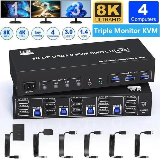 8K 60Hz USB 3.0 DisplayPort KVM Switch 3 Monitors 4 Computers 4K 144Hz Triple Monitor DP1.4 KVM Switch for 4 Computer with Audio and 3 USB 3.0 Ports KVM Triple Monitor Keyboard Mouse Switcher