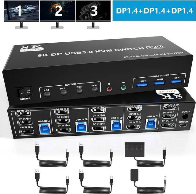 8K 60Hz USB 3.0 Displayport KVM Switch 3 Monitors 4 Computer DP1.4 Triple Monitor KVM Switch with Audio Microphone Output and 3 USB 3.0 Port KVM Triple Monitor Keyboard Mouse Switcher for 4PCs