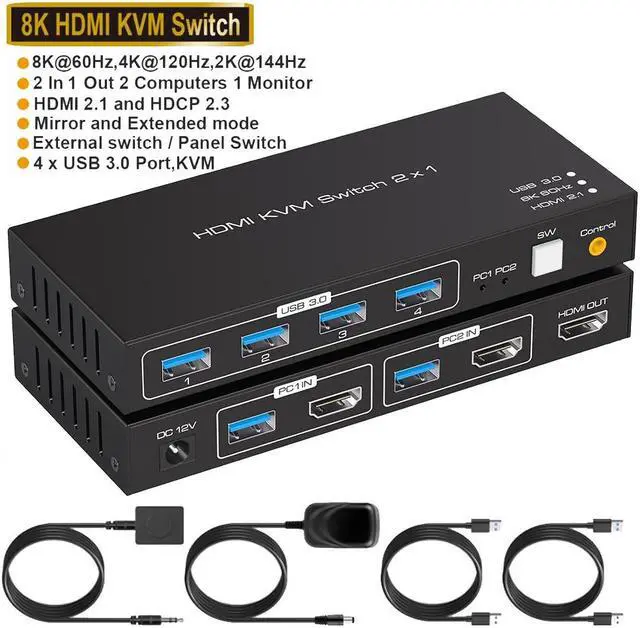 8K 60Hz USB 3.0 HDMI KVM Switch 2 port 4K 120Hz HDMI KVM Switcher for 2 computers share 1 monitor and one set of Keyboard Mouse webcame and hard disk wired controller and 12V/1A DC power included