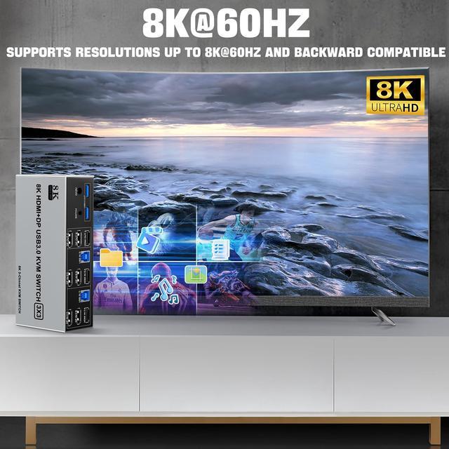 8K 60Hz USB3.0 2 Displayport+HDMI KVM Switch Triple Monitor 2Computer 2PC Share 3Monitors (HDMI+2 Displayport) KVM Switch With Audio Microphone And 3USB Ports HDMI+2 DP Monitor Switch For 2PC