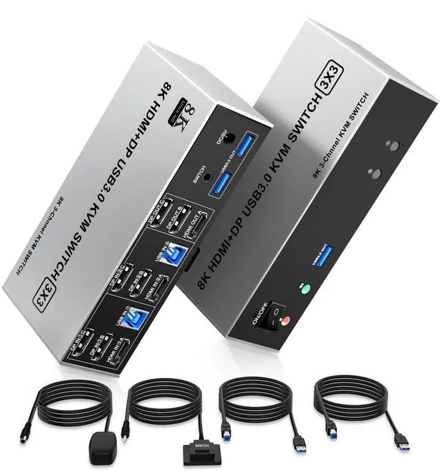 8K 60Hz USB3.0 2 Displayport+HDMI KVM Switch Triple Monitor 2Computer 2PC Share 3Monitors (HDMI+2 Displayport) KVM Switch with Audio Microphone and 3USB Ports HDMI+2 DP Monitor Switch for 2PC