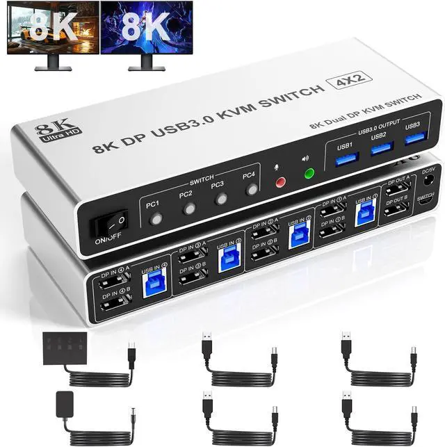 8K 60Hz USB3.0 Displayport KVM Switch 2 Monitors 4 Computers 4 Port DP1.4 Dual Monitor Displayport KVM Switch with Audio Microphone and 3 USB3.0 Dual Monitors Displayport KVM Switch for 4PCs