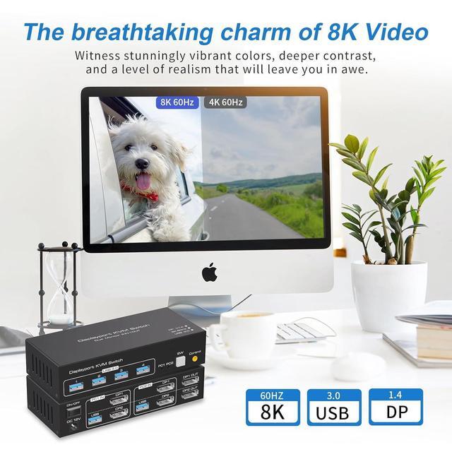 8K Displayport Dual Monitor KVM Switch For 2 Monitors 2 Computers 4K 120Hz USB 3.0 KVM Switcher 2 PC Or Laptops Share 1 Set Of Keyboard Mouse Printer And Scanner Support Extended & Duplicate Mode