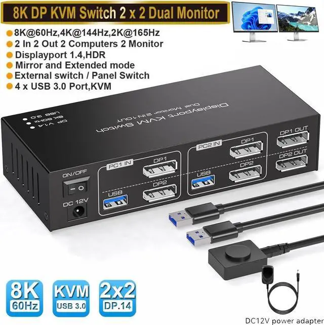 8K Displayport Dual Monitor KVM Switch for 2 Monitors 2 Computers 4K 120Hz USB 3.0 KVM Switcher 2 PC or Laptops Share 1 Set of Keyboard Mouse Printer and Scanner Support Extended & Duplicate Mode
