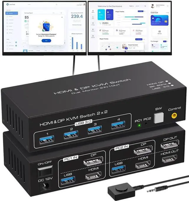 8K DisplayPort + HDMI KVM Switch 2 Monitors 2 Computers 8K 60Hz Support Extended & Duplicate Mode with 4 USB 3.0 Hub 8K 60Hz HDMI DP KVM Switches EDID Adaptive Plug and Play