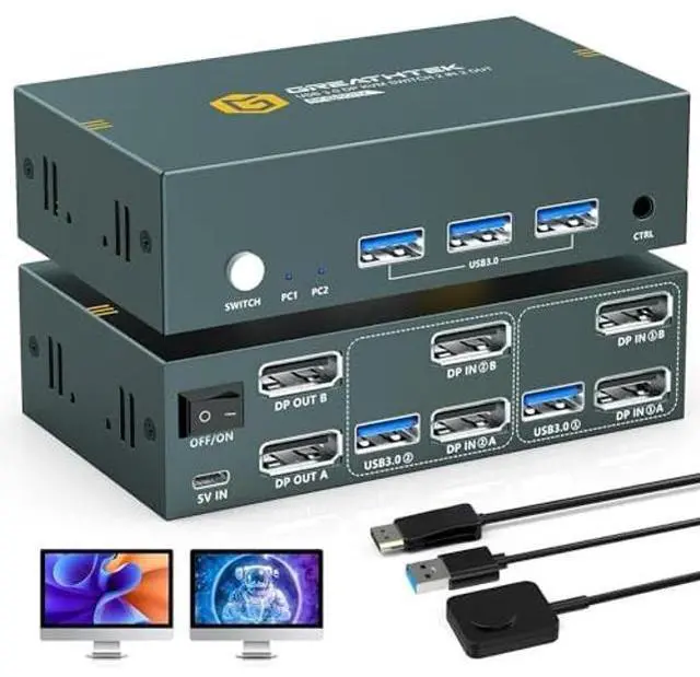 8K Displayport KVM Switch 2 Monitors 2 Computers 4K 144Hz USB3.0 Dual Monitor Switch for 2 Computers Share Keyboard&Mouse with USB3.0 Port 8K 60HZ DP1.4 EDID Adaptive