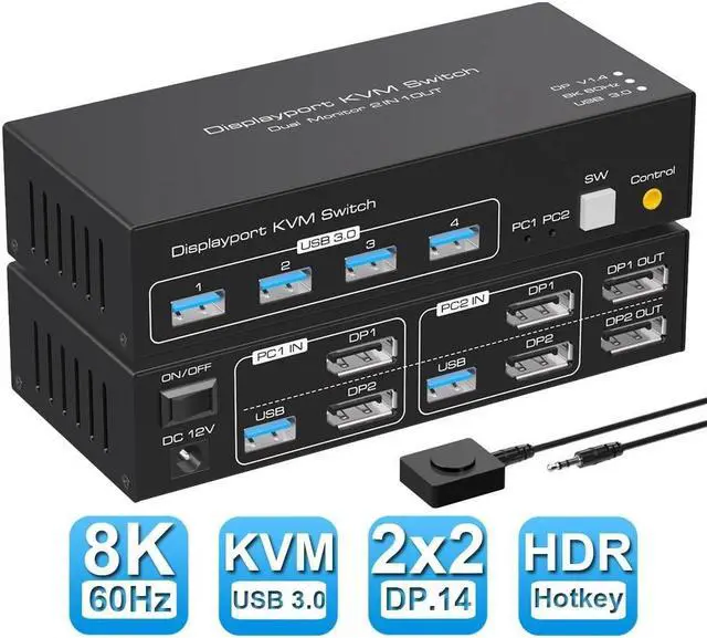 8K DisplayPort KVM Switch 2 Monitors 2 Computers 8K 60Hz Support Extended & Duplicate Mode with 4 USB 3.0 Hub 8K 60Hz DP KVM Switches EDID Adaptive Plug and Play