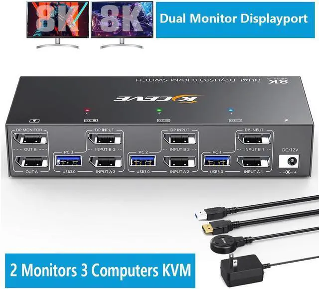 8K Displayport KVM Switch 2 Monitors 3 Computers 8K 60Hz 4K 144Hz Dual Monitor KVM Switch Displayport with 4 USB 3.0 Ports for USB Devices Wired Remote and 12V Power Adapter Included